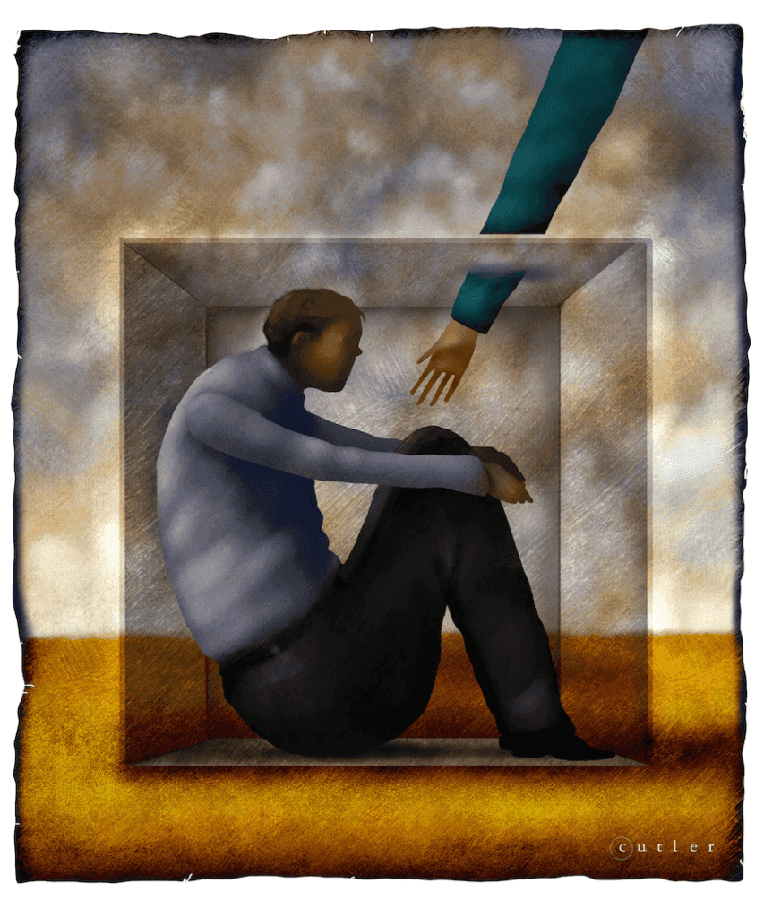 Artwork of a hand reaching inside of a box to help a human