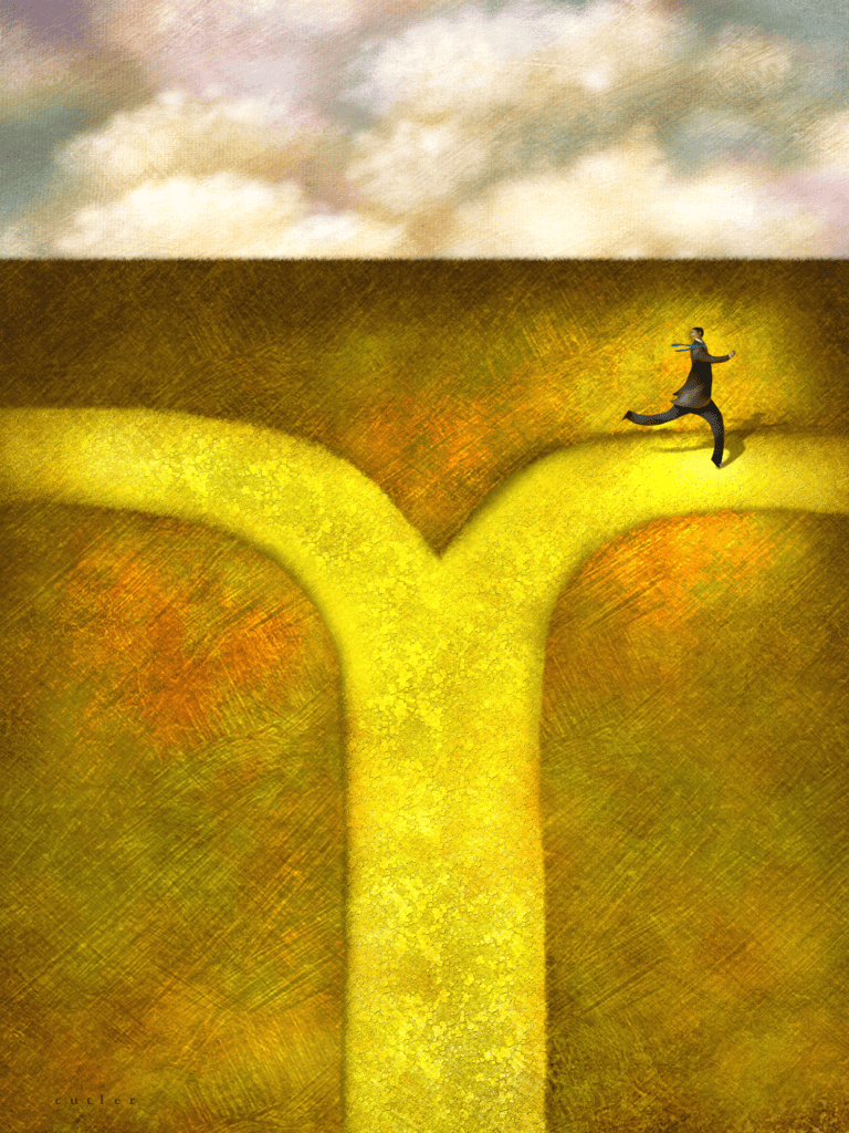 Artwork of a person running down one path after coming to a fork in the road