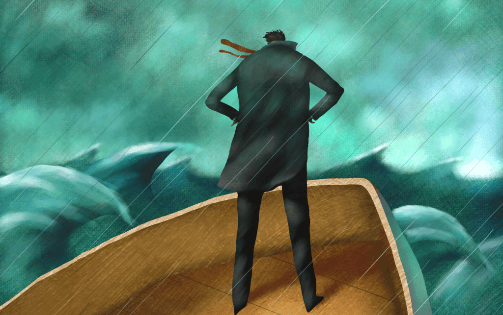 Artwork of person standing on a ship facing a storm