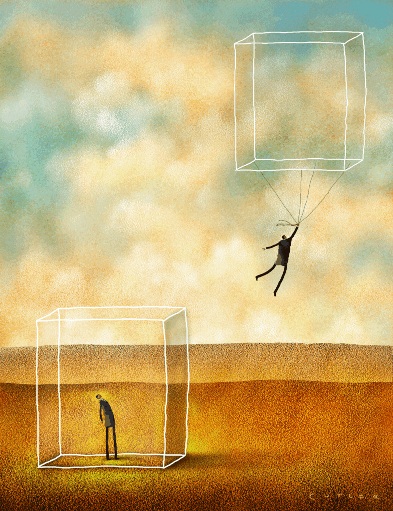 Artwork of two humans, one inside a clear box, one floating holding onto a clear box