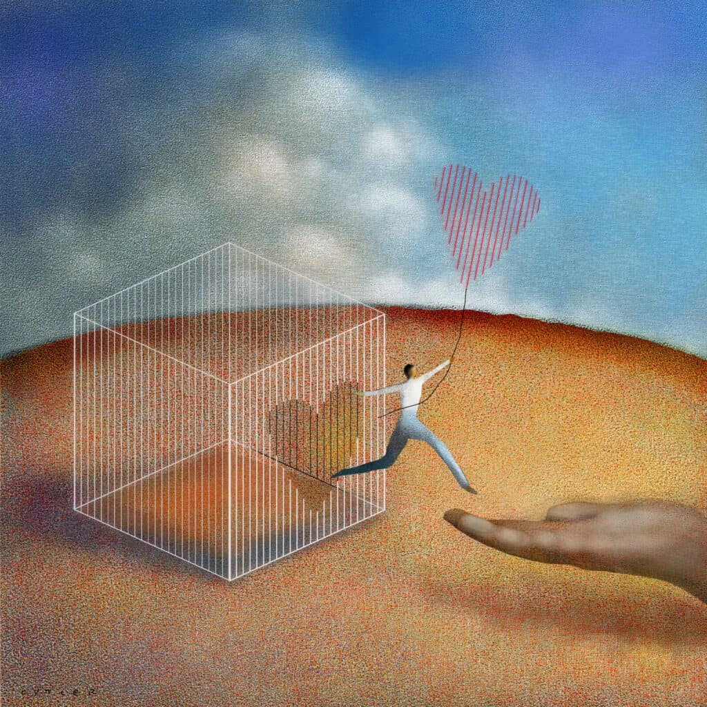 Artwork of a person stepping out of a box holding a heart balloon into an outstretched hand