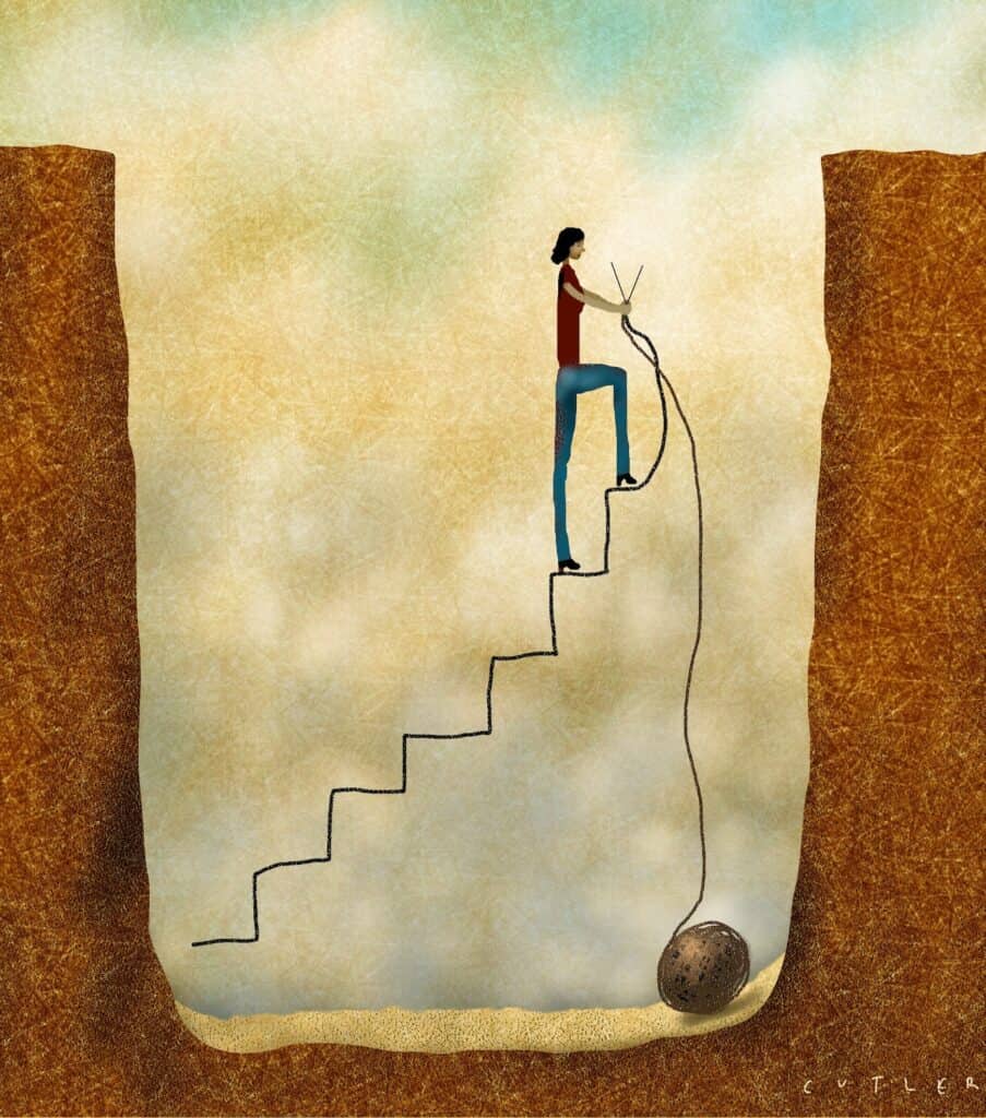 Artwork of someone knitting stairs for herself to continue on her journey