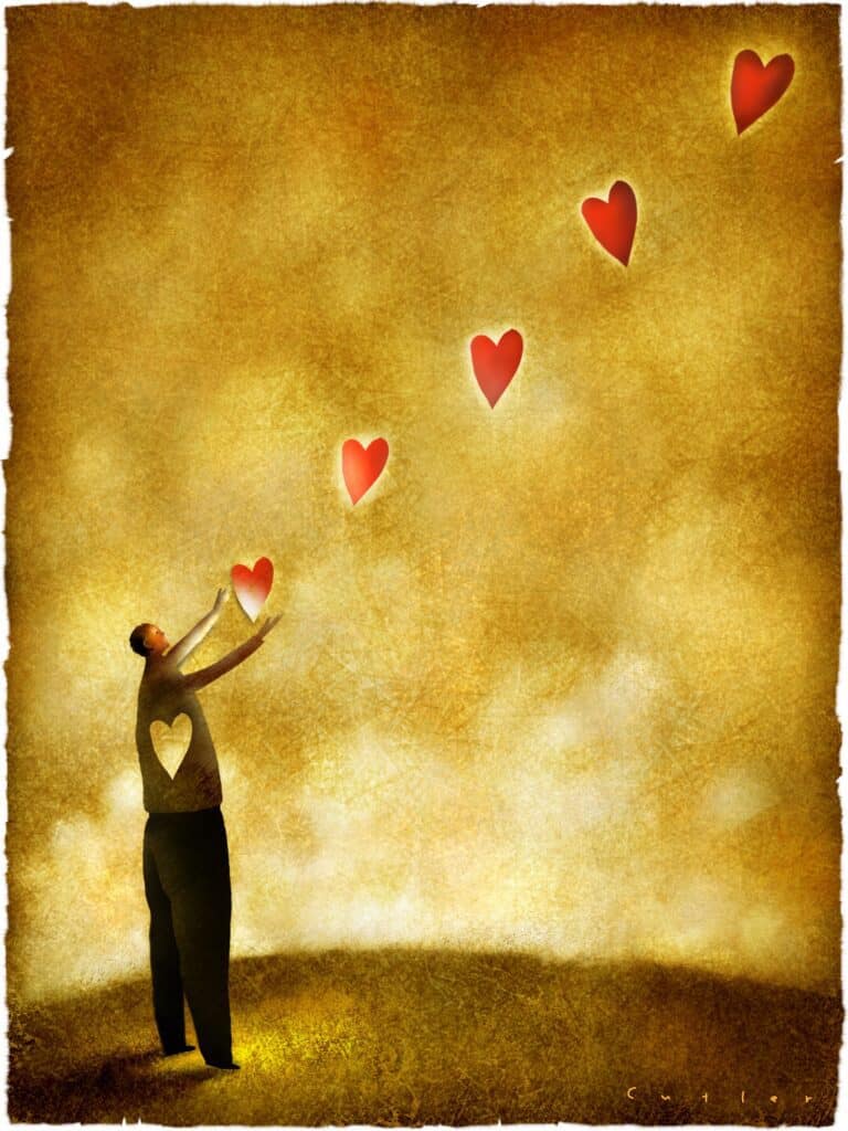 Artwork of a person releasing hearts into the sky